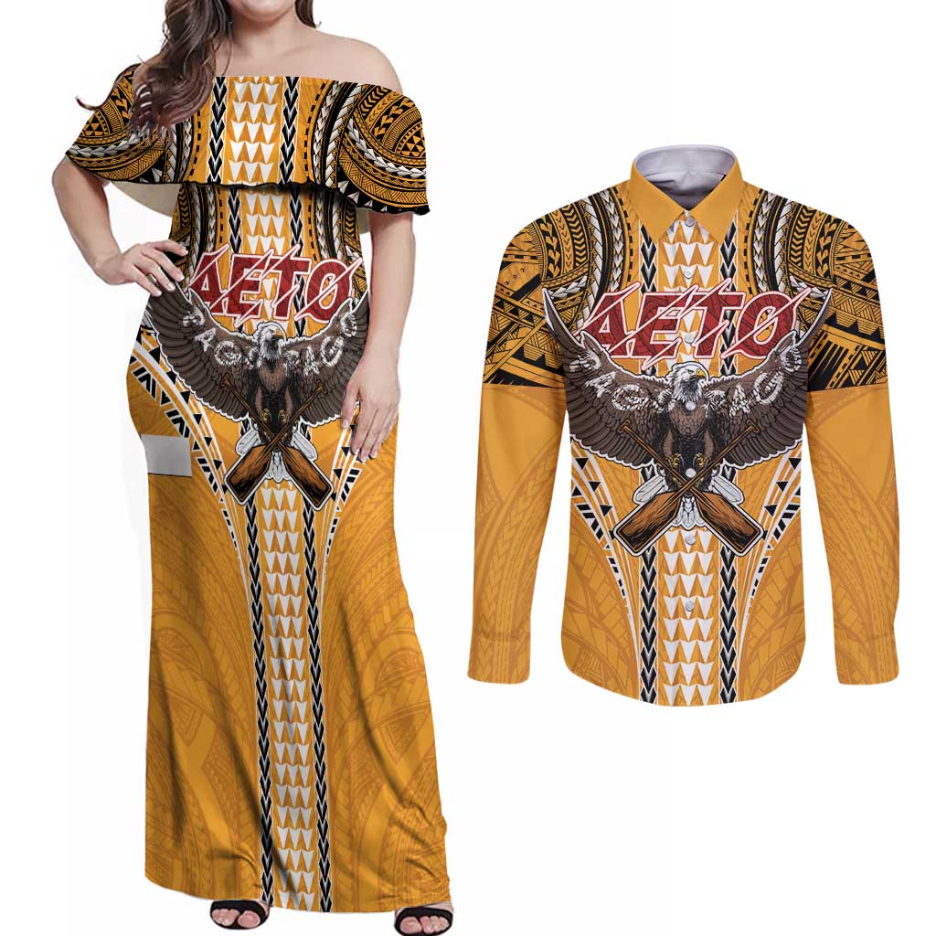 American Samoa Pago Pago Aeto Couples Matching Off Shoulder Maxi Dress and Long Sleeve Button Shirt Bald Eagle with Polynesian Art Tattoos LT03 Yellow - Polynesian Pride