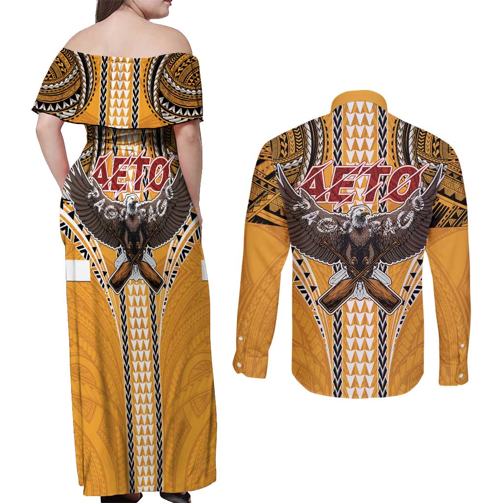 American Samoa Pago Pago Aeto Couples Matching Off Shoulder Maxi Dress and Long Sleeve Button Shirt Bald Eagle with Polynesian Art Tattoos LT03 - Polynesian Pride
