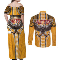 American Samoa Pago Pago Aeto Couples Matching Off Shoulder Maxi Dress and Long Sleeve Button Shirt Bald Eagle with Polynesian Art Tattoos LT03 - Polynesian Pride