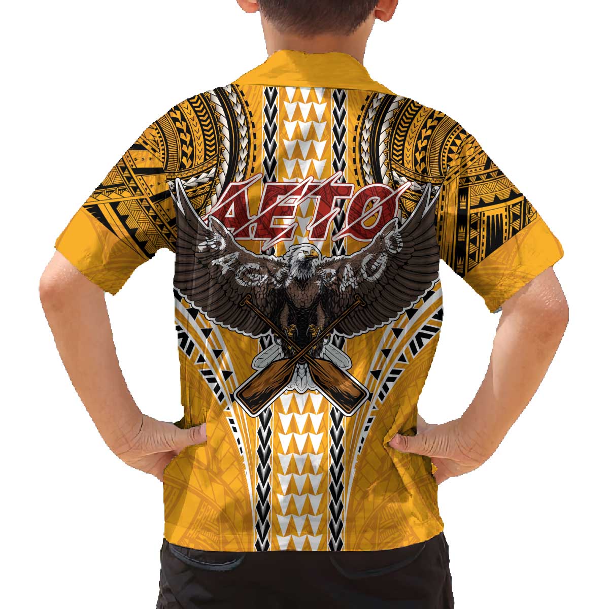 Samoa Pago Pago Aeto Family Matching Off The Shoulder Long Sleeve Dress and Hawaiian Shirt Bald Eagle with Polynesian Art Tattoos - Polynesian Pride