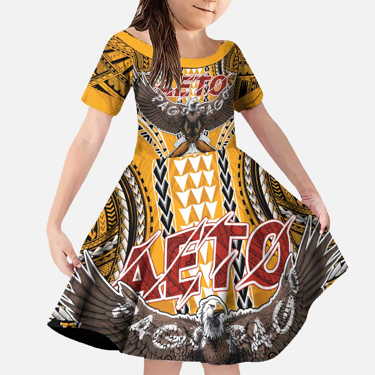 Samoa Pago Pago Aeto Family Matching Off The Shoulder Long Sleeve Dress and Hawaiian Shirt Bald Eagle with Polynesian Art Tattoos - Polynesian Pride