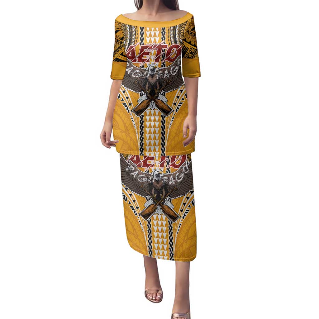 American Samoa Pago Pago Aeto Family Matching Puletasi and Hawaiian Shirt Bald Eagle with Polynesian Art Tattoos LT03 Mom's Dress Yellow - Polynesian Pride