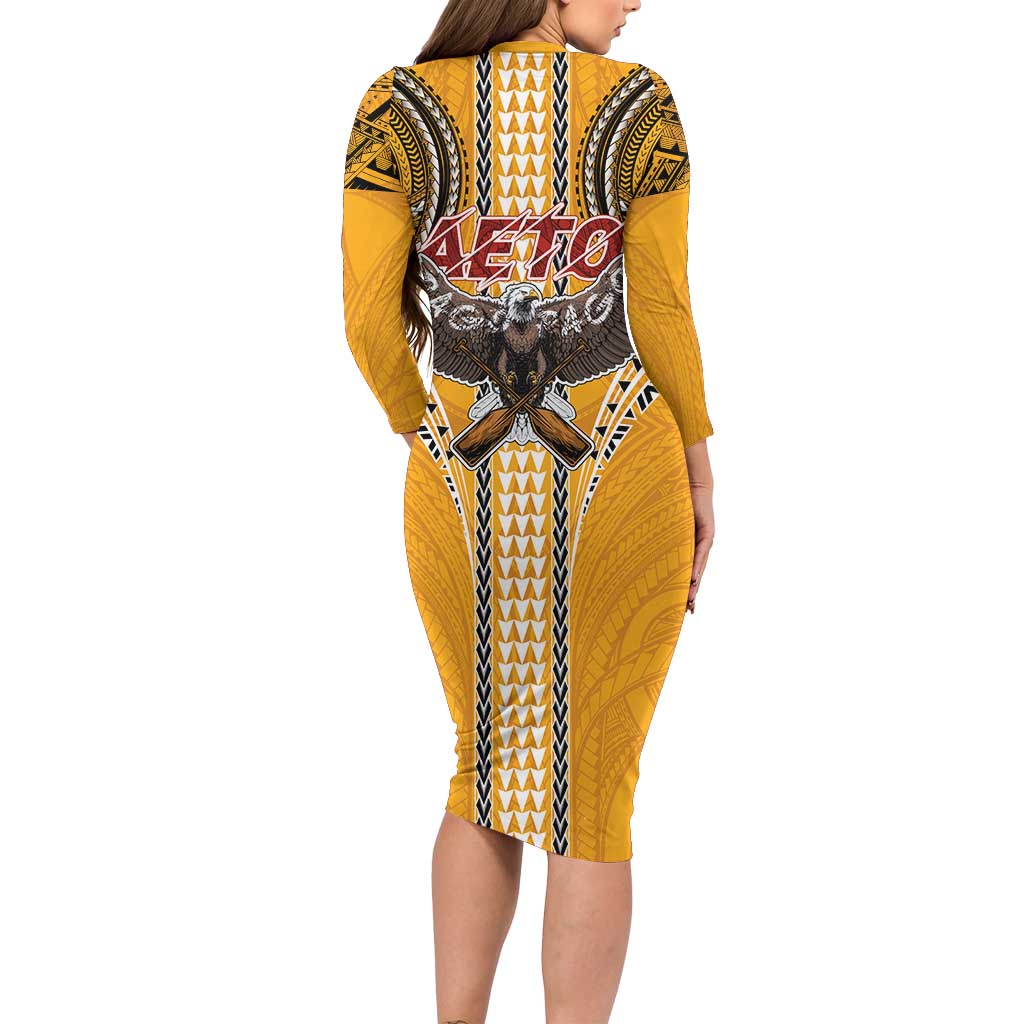Samoa Pago Pago Aeto Long Sleeve Bodycon Dress Bald Eagle with Polynesian Art Tattoos - Polynesian Pride