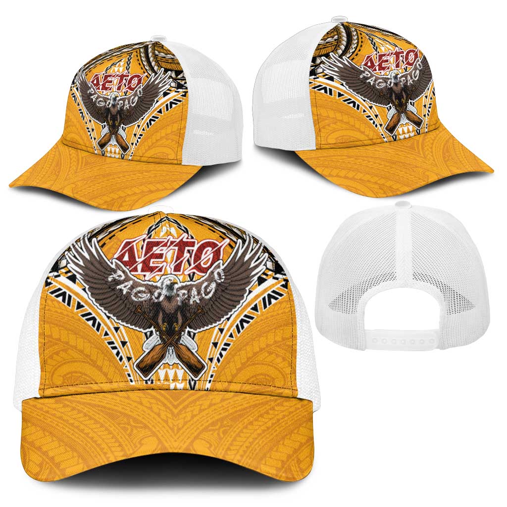 American Samoa Pago Pago Aeto Mesh Trucker Cap Bald Eagle with Polynesian Art Tattoos - Polynesian Pride