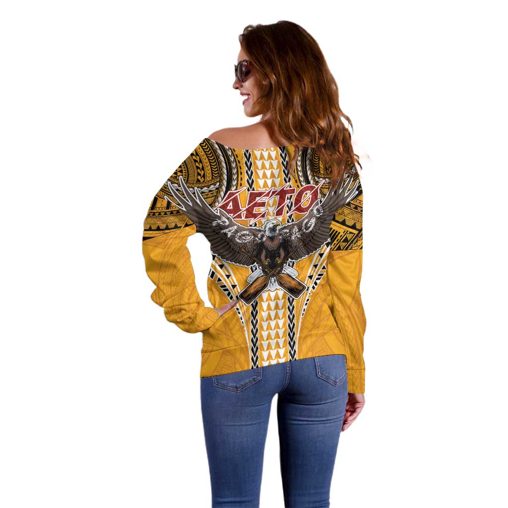 Samoa Pago Pago Aeto Off Shoulder Sweater Bald Eagle with Polynesian Art Tattoos - Polynesian Pride