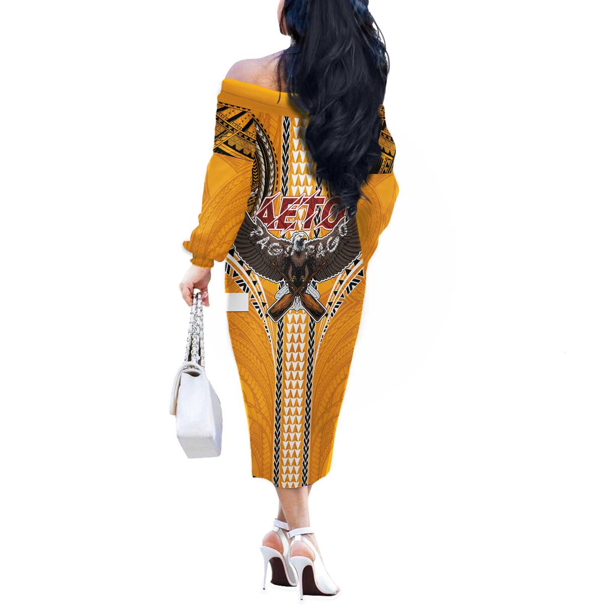 Samoa Pago Pago Aeto Off The Shoulder Long Sleeve Dress Bald Eagle with Polynesian Art Tattoos - Polynesian Pride