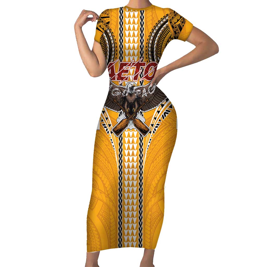 Samoa Pago Pago Aeto Short Sleeve Bodycon Dress Bald Eagle with Polynesian Art Tattoos - Polynesian Pride