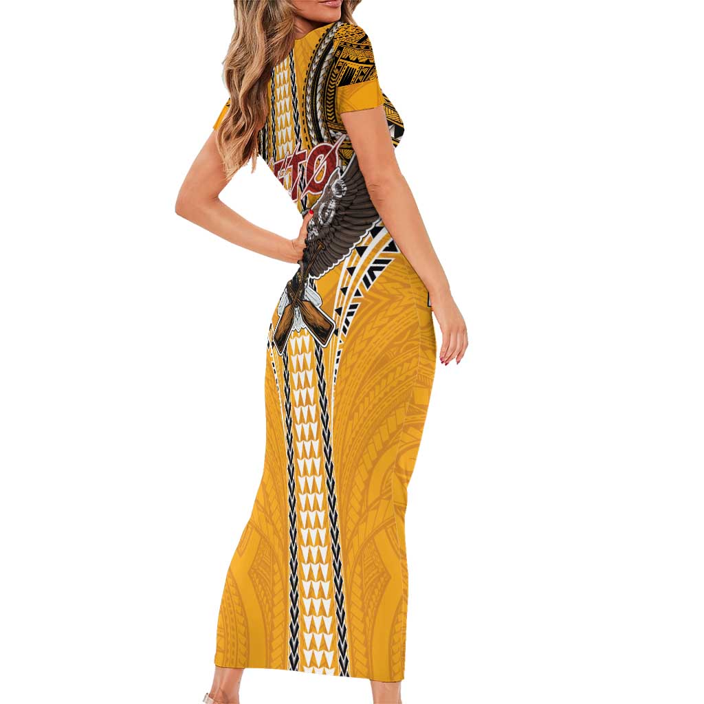 Samoa Pago Pago Aeto Short Sleeve Bodycon Dress Bald Eagle with Polynesian Art Tattoos - Polynesian Pride