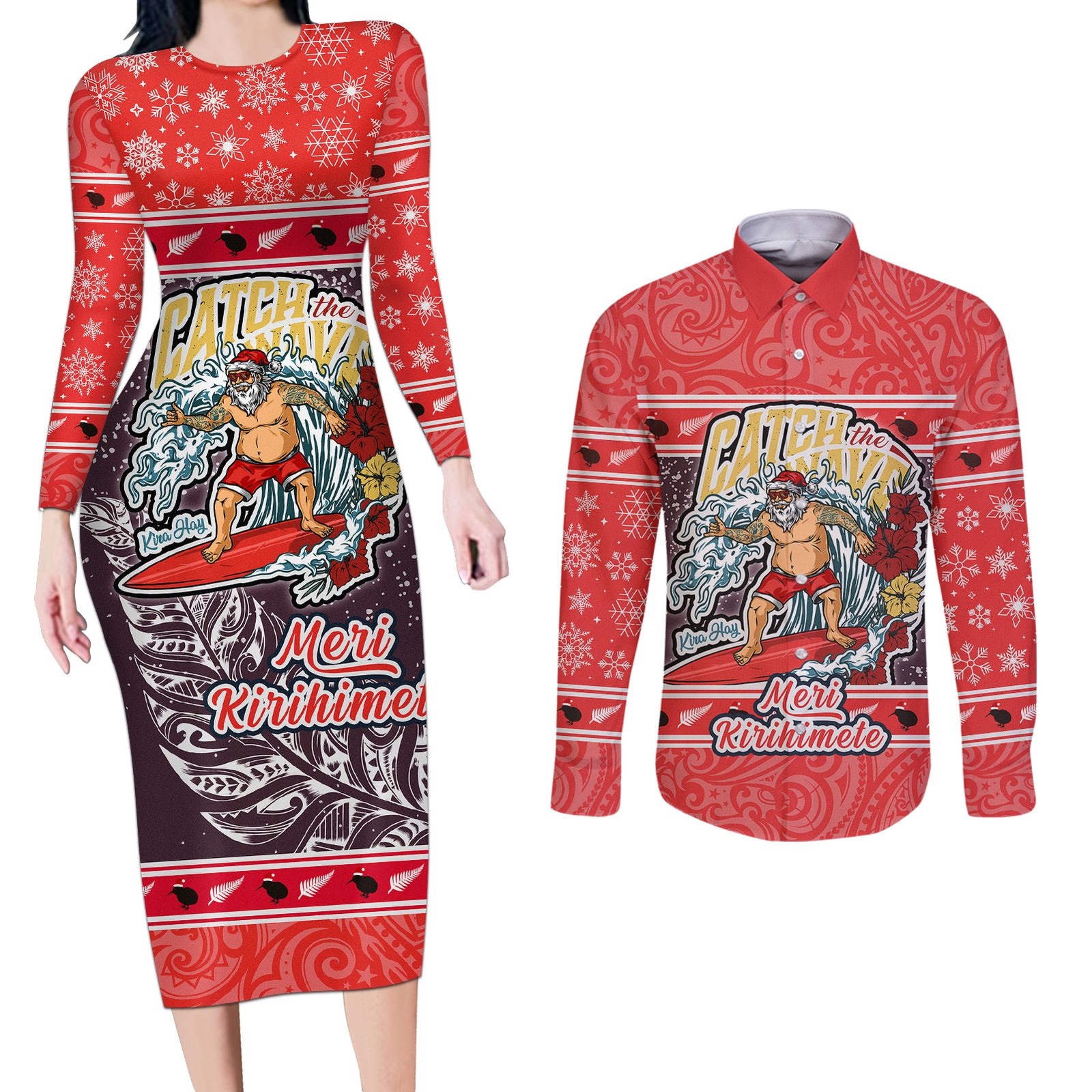 New Zealand Christmas Couples Matching Long Sleeve Bodycon Dress and Long Sleeve Button Shirts Santa Catch The Wave Maori Pattern Retro Style LT03 Red - Polynesian Pride