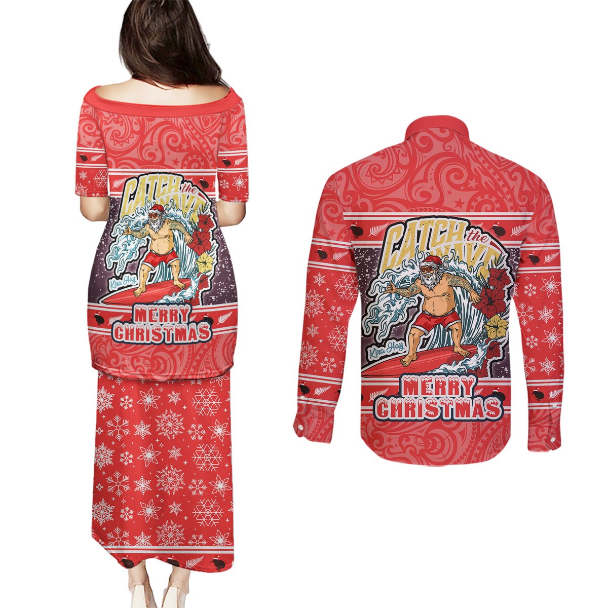 new-zealand-christmas-couples-matching-puletasi-dress-and-long-sleeve-button-shirts-santa-catch-the-wave-maori-pattern-retro-style