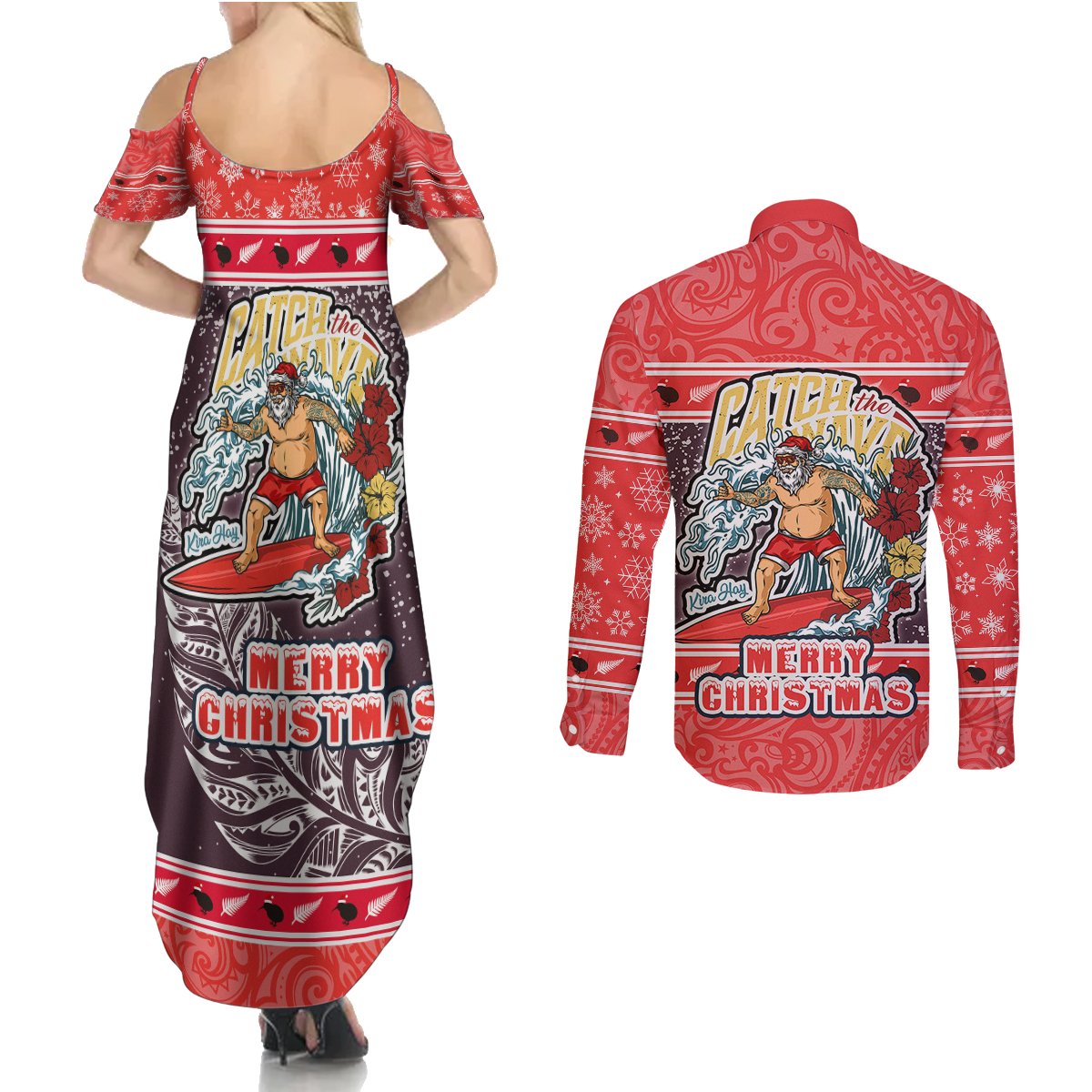 New Zealand Christmas Couples Matching Summer Maxi Dress and Long Sleeve Button Shirts Santa Catch The Wave Maori Pattern Retro Style LT03 - Polynesian Pride
