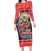 New Zealand Christmas Family Matching Long Sleeve Bodycon Dress and Hawaiian Shirt Santa Catch The Wave Maori Pattern Retro Style LT03 Mom's Dress Red - Polynesian Pride