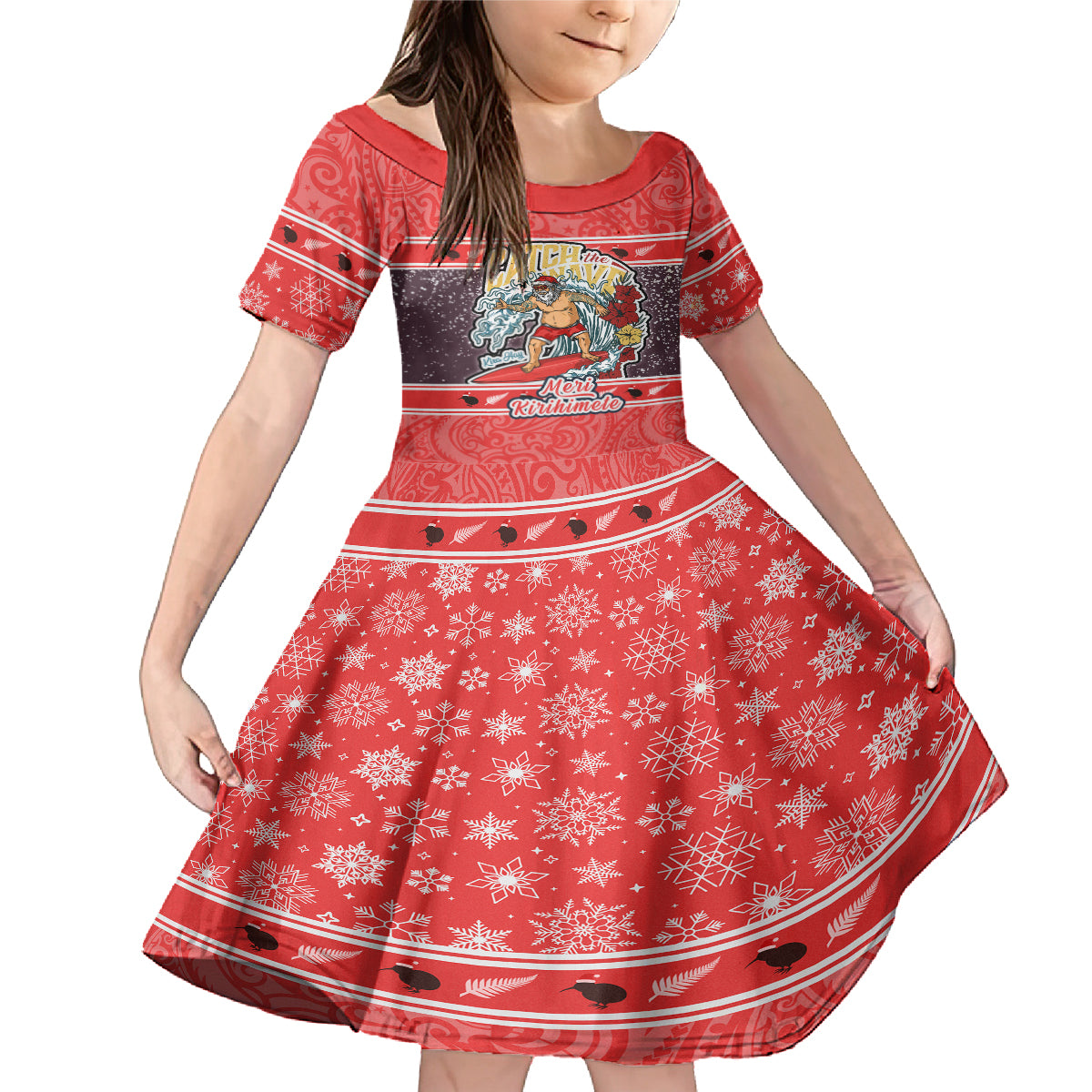 New Zealand Christmas Family Matching Mermaid Dress and Hawaiian Shirt Santa Catch The Wave Maori Pattern Retro Style LT03 Daughter's Dress Red - Polynesian Pride