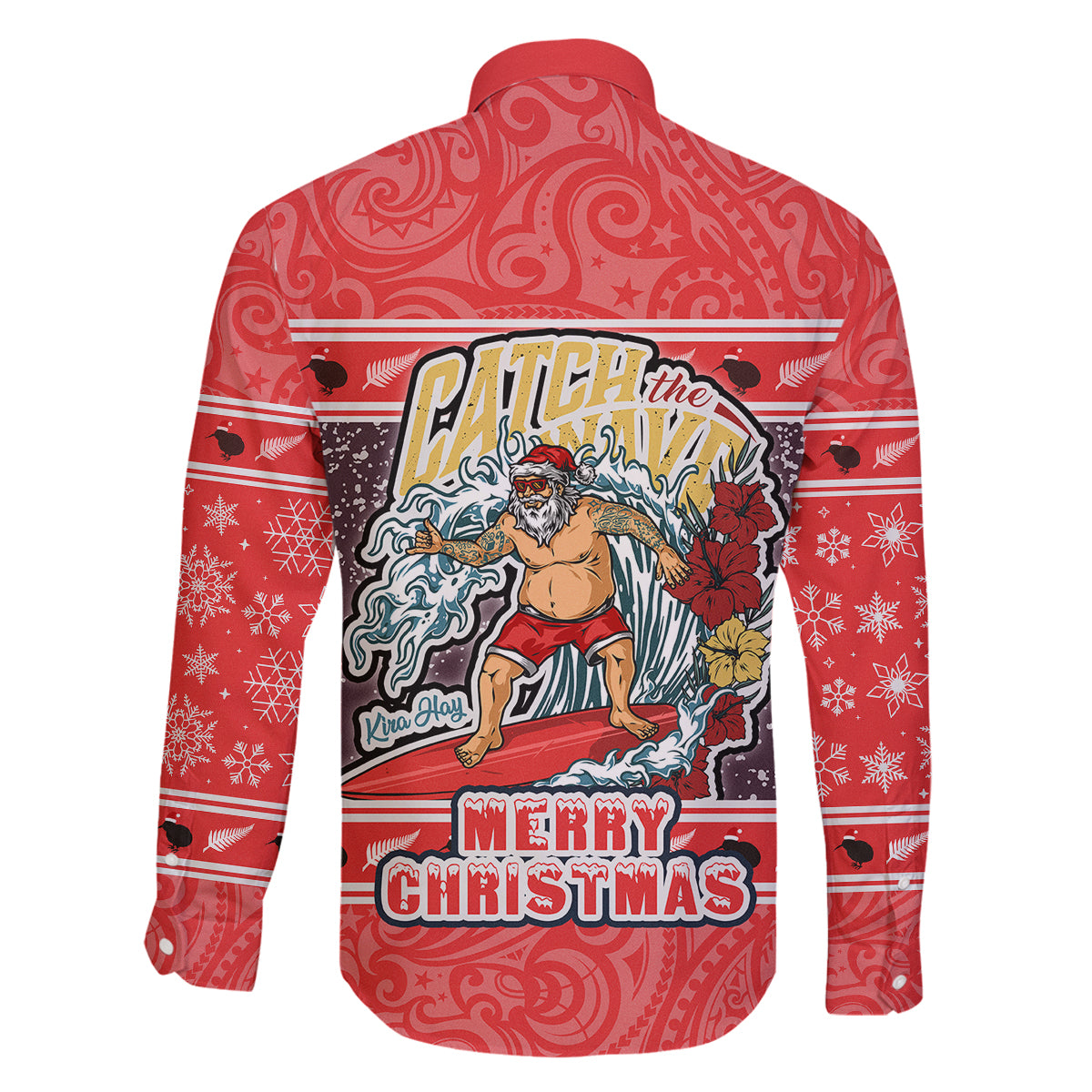 New Zealand Christmas Family Matching Off Shoulder Short Dress and Hawaiian Shirt Santa Catch The Wave Maori Pattern Retro Style LT03 - Polynesian Pride
