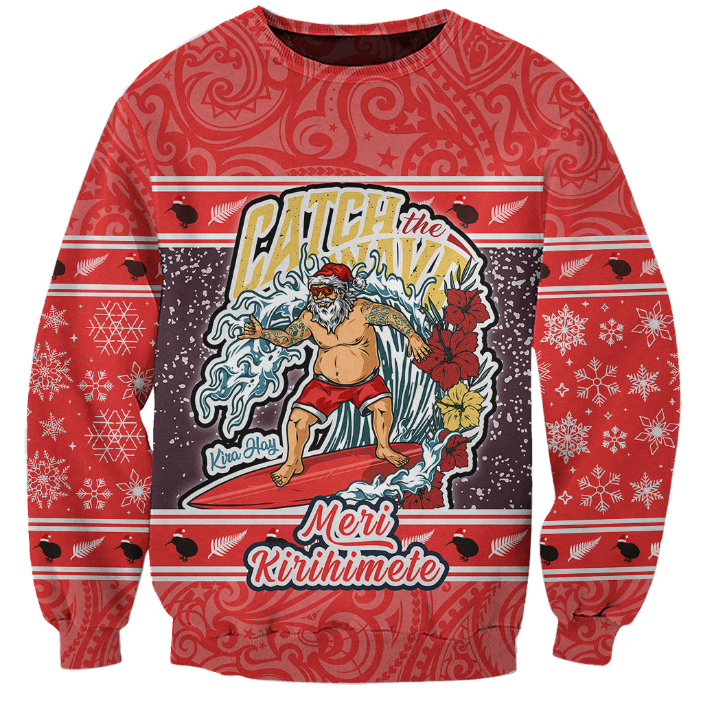 New Zealand Christmas Sweatshirt Santa Catch The Wave Maori Pattern Retro Style LT03 Unisex Red - Polynesian Pride