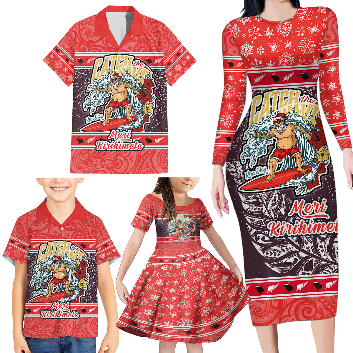 Custom New Zealand Christmas Family Matching Long Sleeve Bodycon Dress and Hawaiian Shirt Santa Catch The Wave Maori Pattern Retro Style LT03 - Polynesian Pride