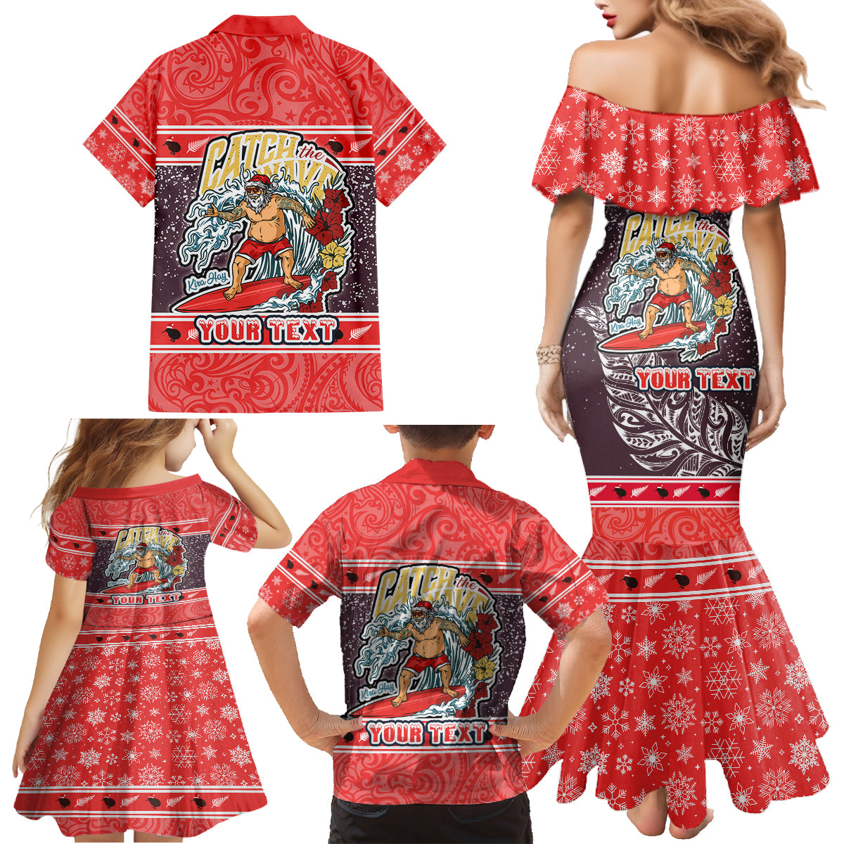 Custom New Zealand Christmas Family Matching Mermaid Dress and Hawaiian Shirt Santa Catch The Wave Maori Pattern Retro Style LT03 - Polynesian Pride