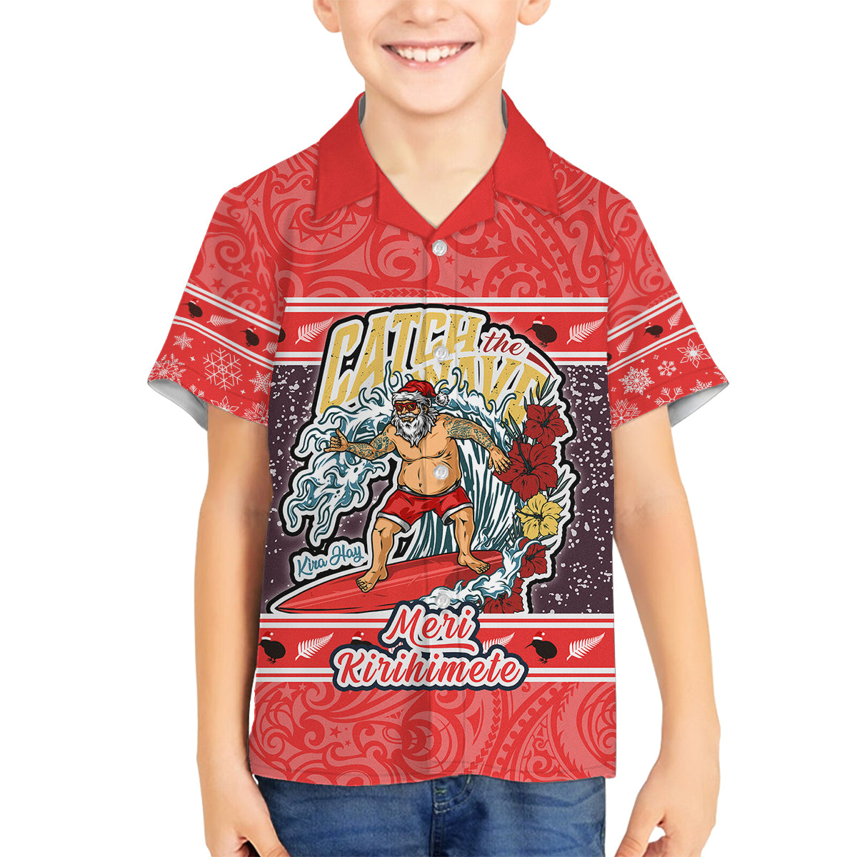 Custom New Zealand Christmas Family Matching Off Shoulder Long Sleeve Dress and Hawaiian Shirt Santa Catch The Wave Maori Pattern Retro Style LT03 Son's Shirt Red - Polynesian Pride