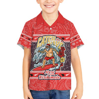 Custom New Zealand Christmas Family Matching Off Shoulder Maxi Dress and Hawaiian Shirt Santa Catch The Wave Maori Pattern Retro Style LT03 Son's Shirt Red - Polynesian Pride