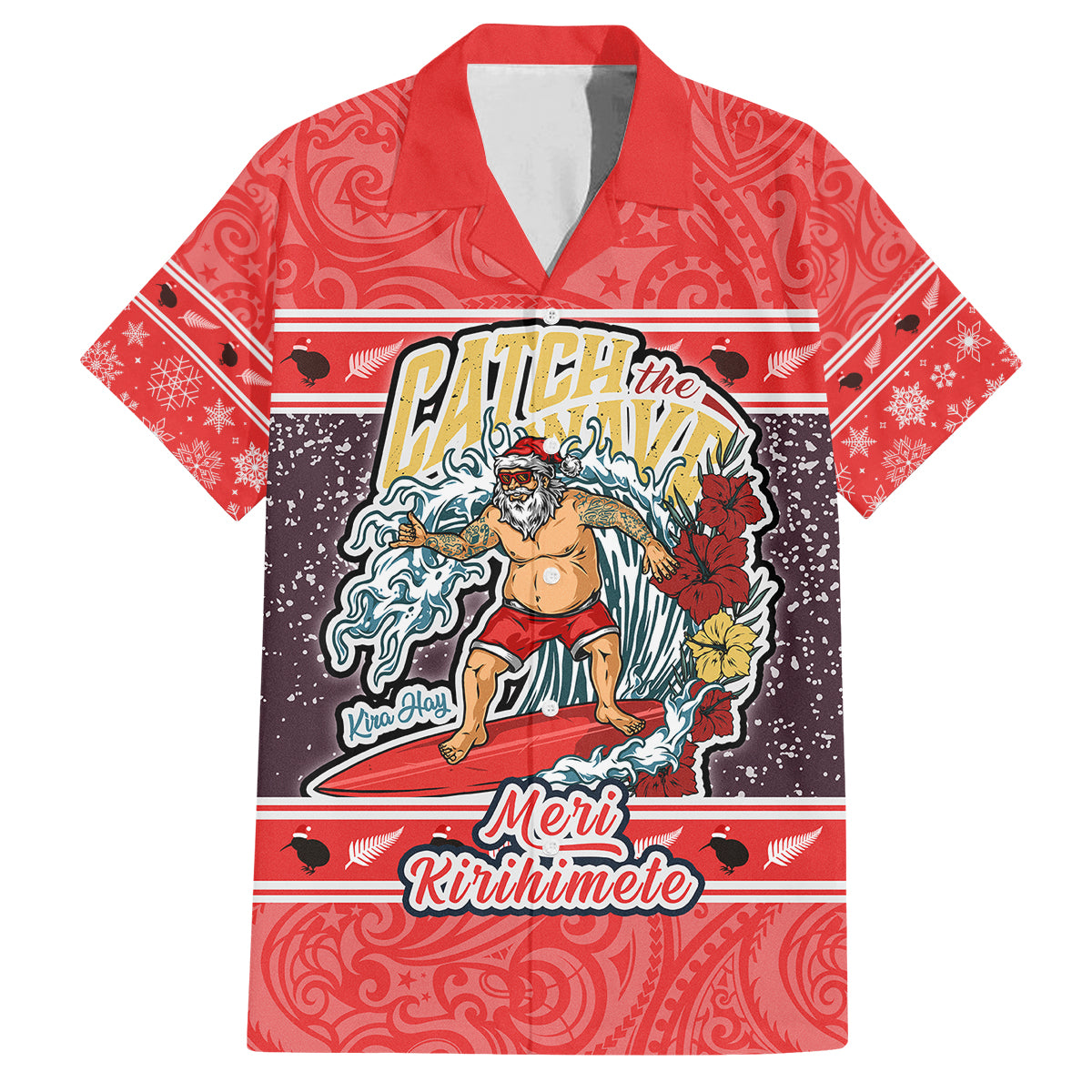 Custom New Zealand Christmas Family Matching Off Shoulder Short Dress and Hawaiian Shirt Santa Catch The Wave Maori Pattern Retro Style LT03 Dad's Shirt - Short Sleeve Red - Polynesian Pride