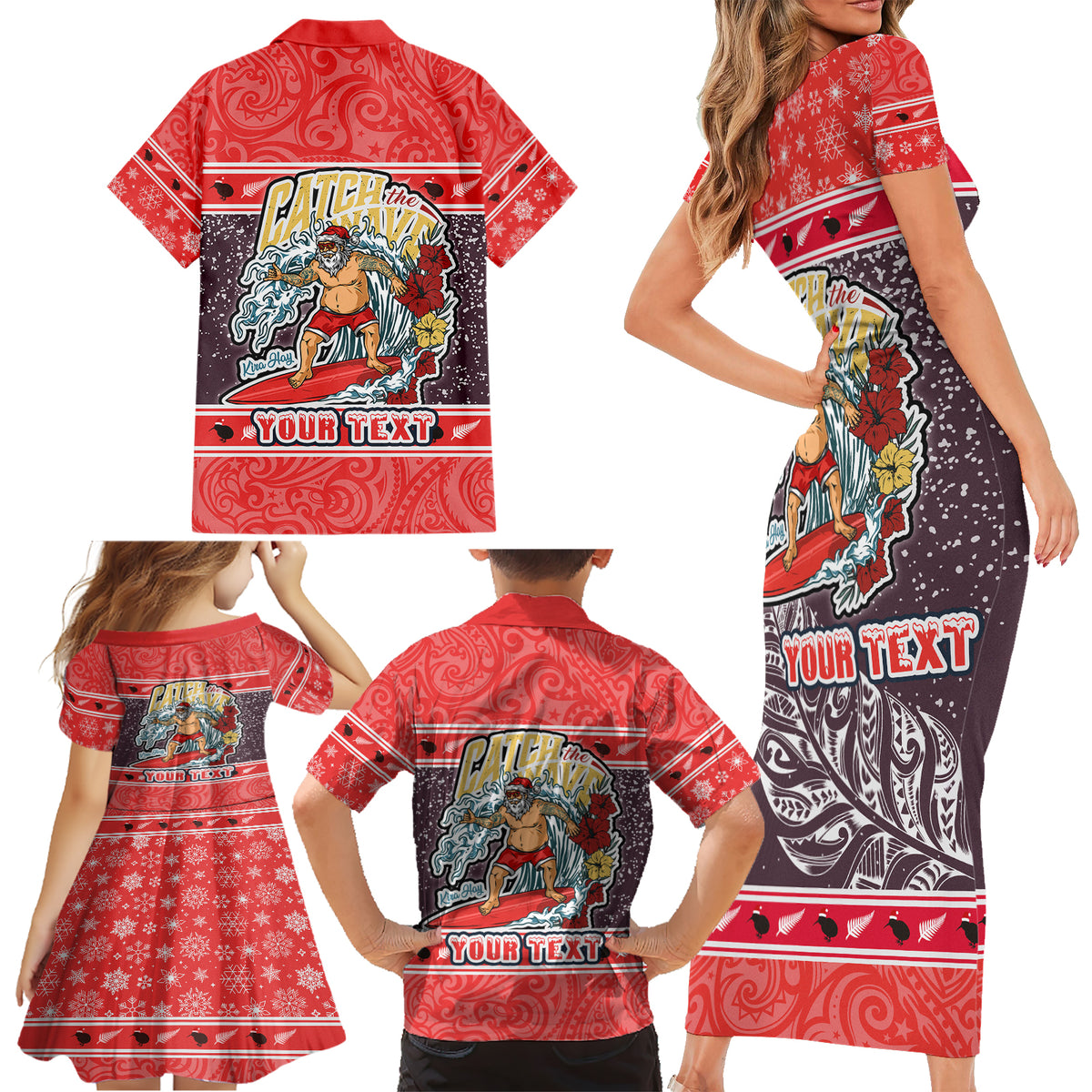 Custom New Zealand Christmas Family Matching Short Sleeve Bodycon Dress and Hawaiian Shirt Santa Catch The Wave Maori Pattern Retro Style LT03 - Polynesian Pride