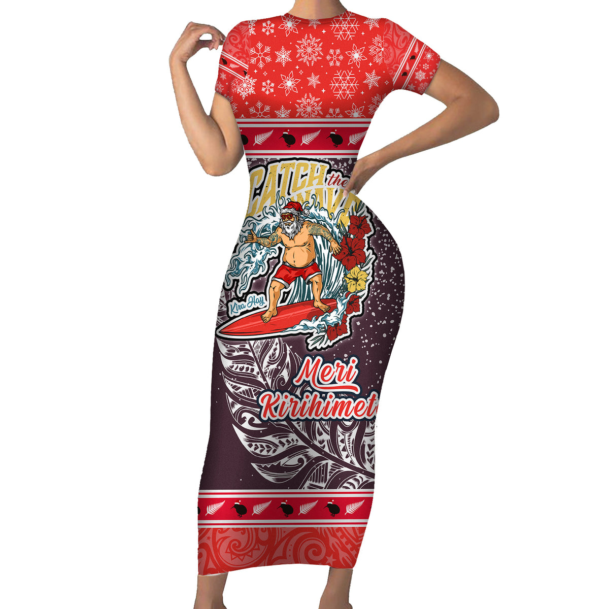 Custom New Zealand Christmas Family Matching Short Sleeve Bodycon Dress and Hawaiian Shirt Santa Catch The Wave Maori Pattern Retro Style LT03 Mom's Dress Red - Polynesian Pride