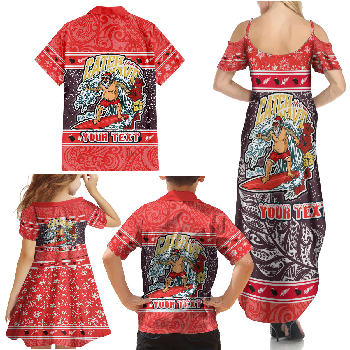Custom New Zealand Christmas Family Matching Summer Maxi Dress and Hawaiian Shirt Santa Catch The Wave Maori Pattern Retro Style LT03 - Polynesian Pride