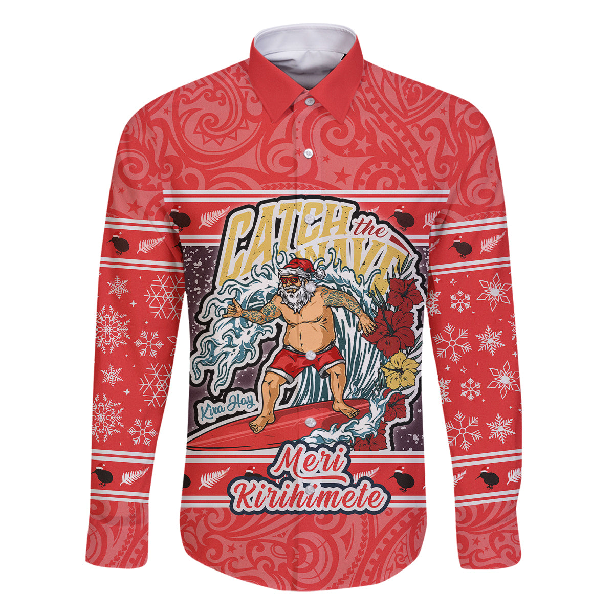 Custom New Zealand Christmas Family Matching Summer Maxi Dress and Hawaiian Shirt Santa Catch The Wave Maori Pattern Retro Style LT03 Dad's Shirt - Long Sleeve Red - Polynesian Pride
