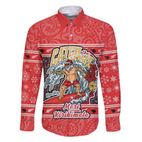 Custom New Zealand Christmas Family Matching Summer Maxi Dress and Hawaiian Shirt Santa Catch The Wave Maori Pattern Retro Style LT03 Dad's Shirt - Long Sleeve Red - Polynesian Pride