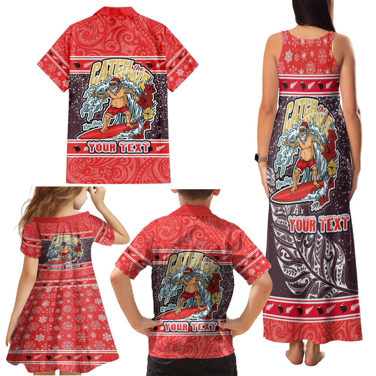 Custom New Zealand Christmas Family Matching Tank Maxi Dress and Hawaiian Shirt Santa Catch The Wave Maori Pattern Retro Style LT03 - Polynesian Pride