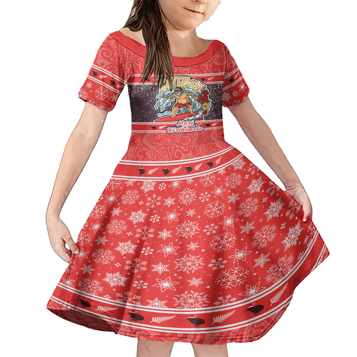 Custom New Zealand Christmas Kid Short Sleeve Dress Santa Catch The Wave Maori Pattern Retro Style LT03 KID Red - Polynesian Pride