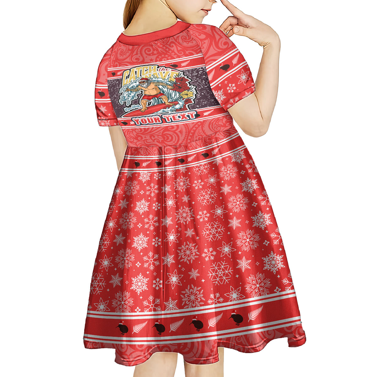 Custom New Zealand Christmas Kid Short Sleeve Dress Santa Catch The Wave Maori Pattern Retro Style LT03 - Polynesian Pride