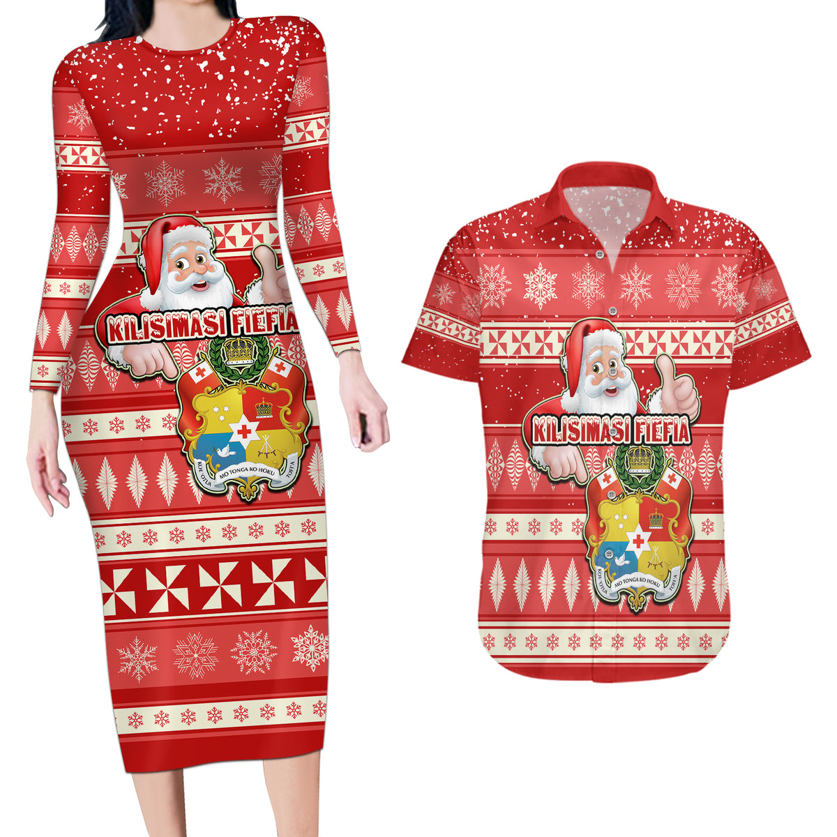 Tonga Christmas Couples Matching Long Sleeve Bodycon Dress and Hawaiian Shirt The Santa Coat of Arms with Ngatu and Snow Pattern LT03 Red - Polynesian Pride