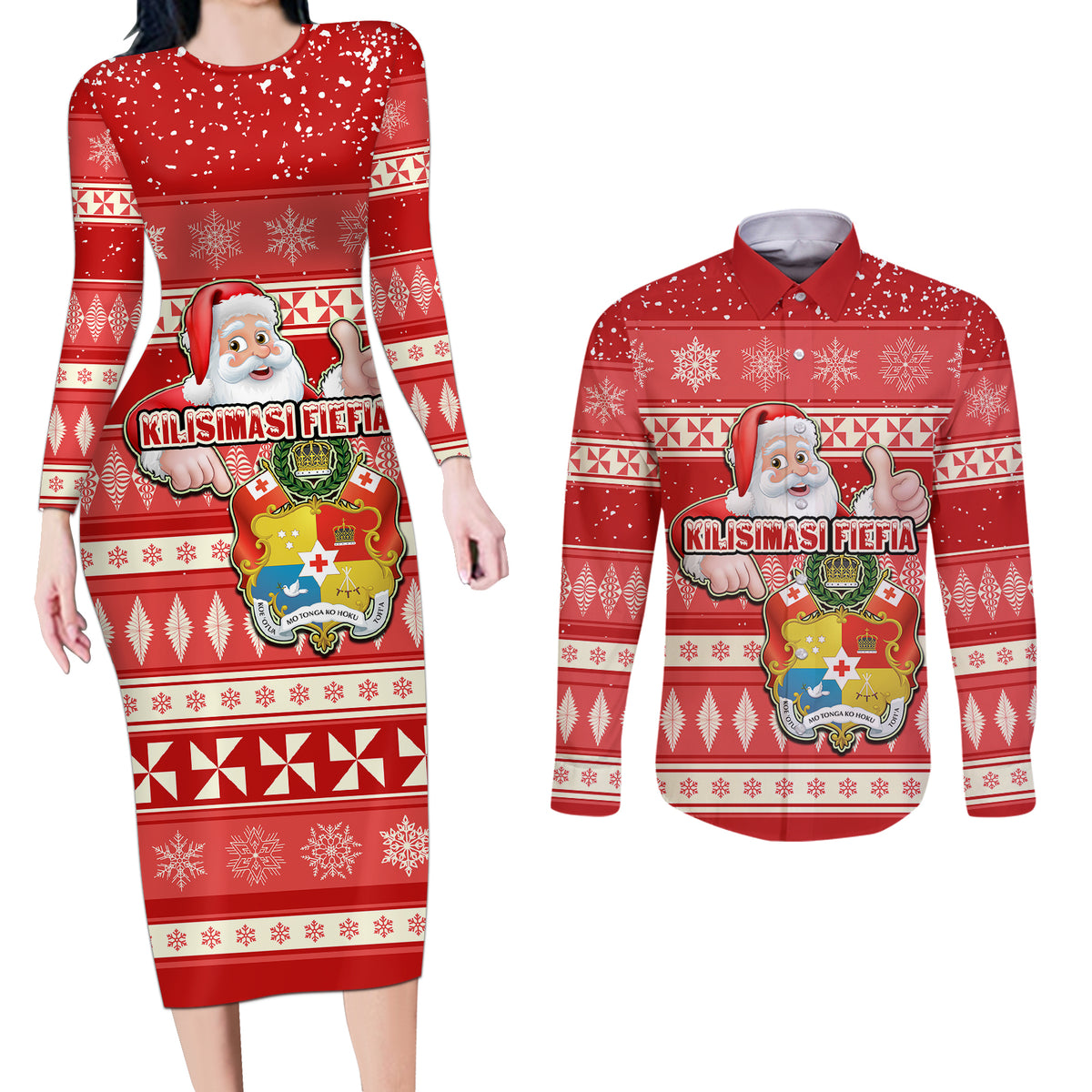 Tonga Christmas Couples Matching Long Sleeve Bodycon Dress and Long Sleeve Button Shirts The Santa Coat of Arms with Ngatu and Snow Pattern LT03 Red - Polynesian Pride