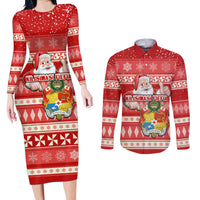 Tonga Christmas Couples Matching Long Sleeve Bodycon Dress and Long Sleeve Button Shirts The Santa Coat of Arms with Ngatu and Snow Pattern LT03 Red - Polynesian Pride