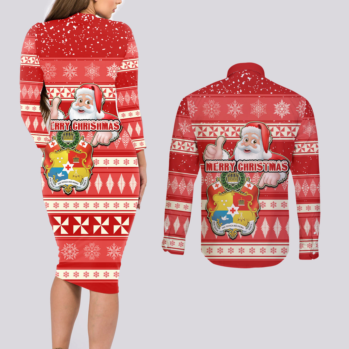 Tonga Christmas Couples Matching Long Sleeve Bodycon Dress and Long Sleeve Button Shirts The Santa Coat of Arms with Ngatu and Snow Pattern LT03 - Polynesian Pride