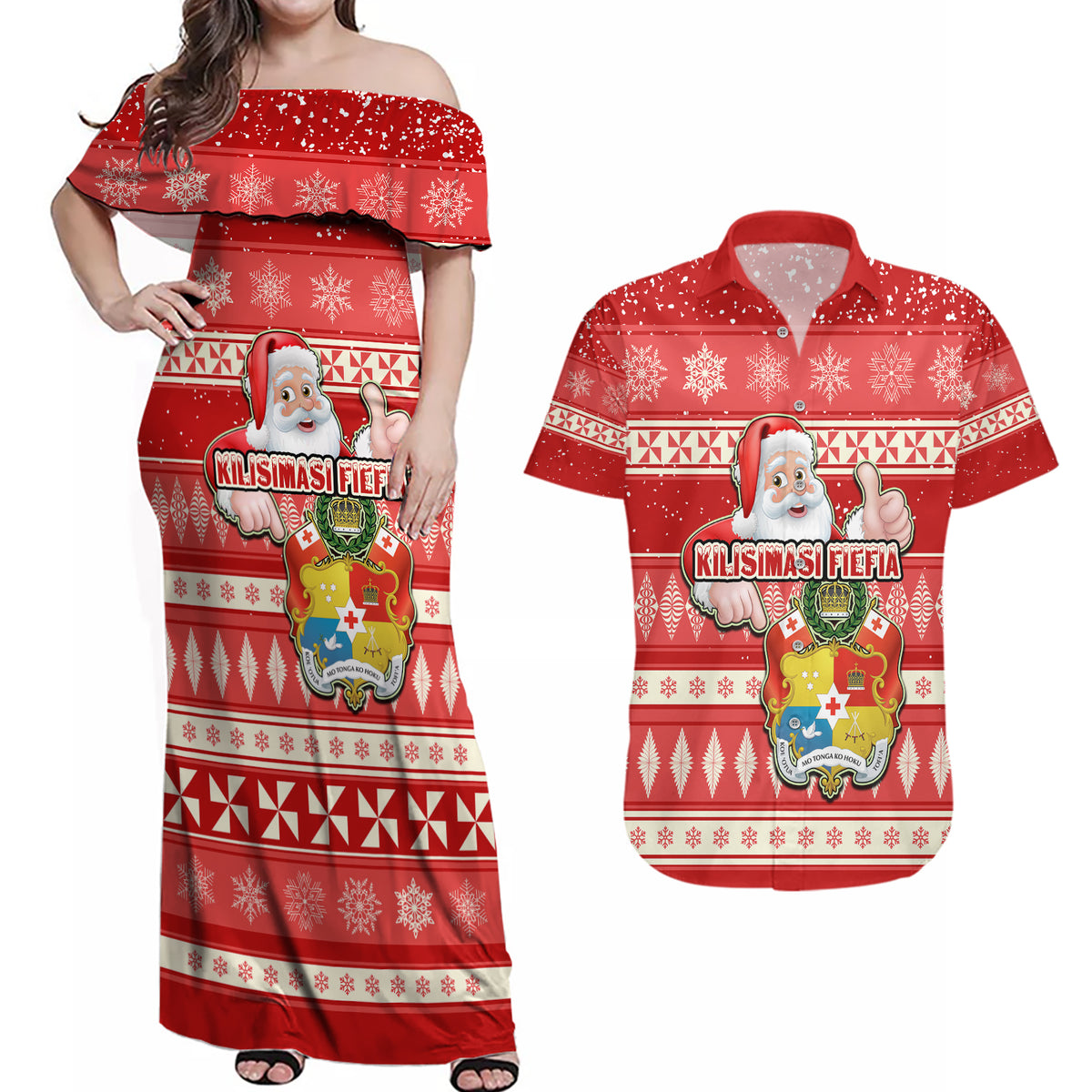 Tonga Christmas Couples Matching Off Shoulder Maxi Dress and Hawaiian Shirt The Santa Coat of Arms with Ngatu and Snow Pattern LT03 Red - Polynesian Pride