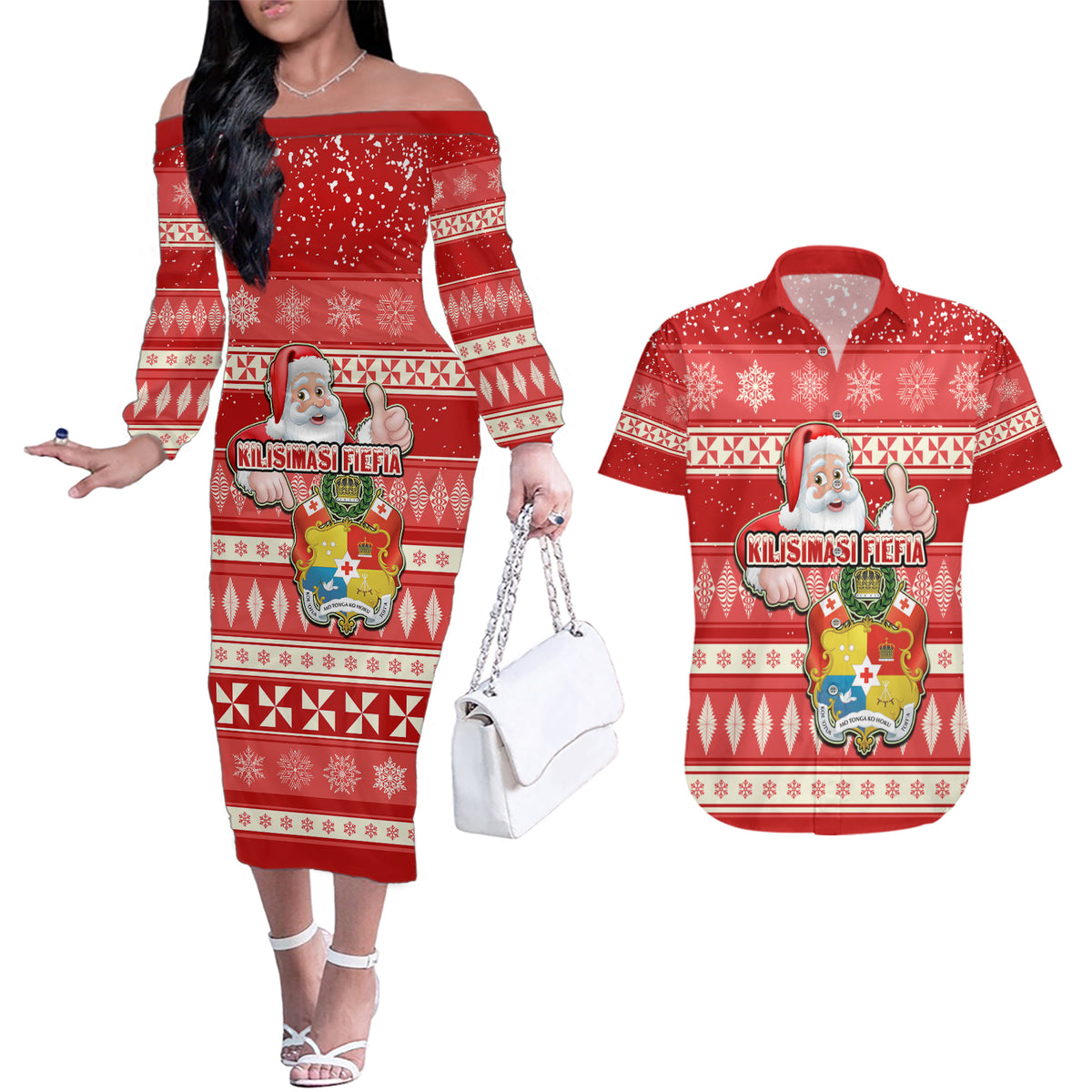 Tonga Christmas Couples Matching Off The Shoulder Long Sleeve Dress and Hawaiian Shirt The Santa Coat of Arms with Ngatu and Snow Pattern LT03 Red - Polynesian Pride