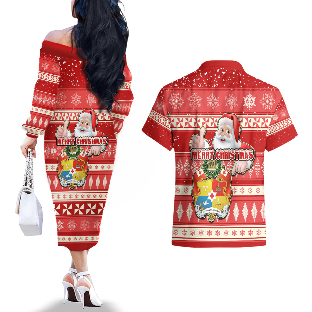 Tonga Christmas Couples Matching Off The Shoulder Long Sleeve Dress and Hawaiian Shirt The Santa Coat of Arms with Ngatu and Snow Pattern LT03 - Polynesian Pride
