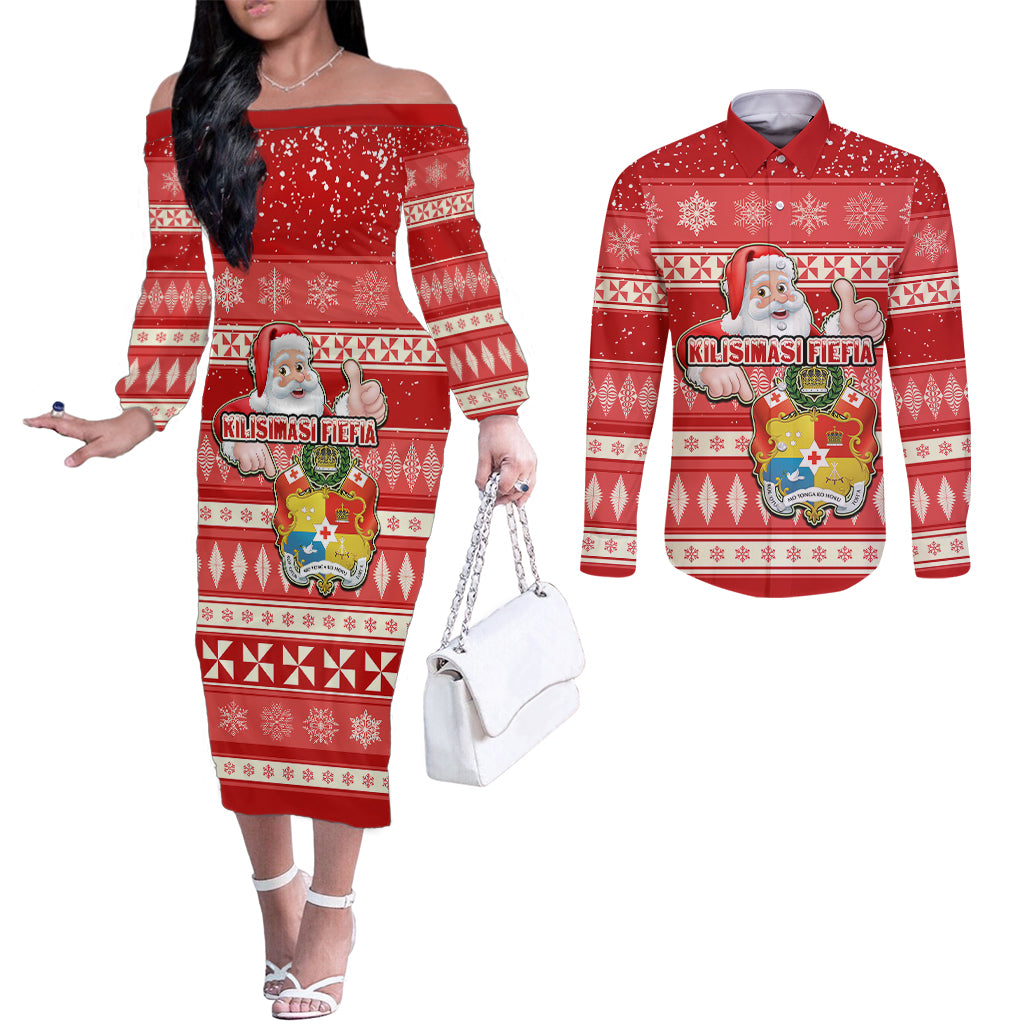 Tonga Christmas Couples Matching Off The Shoulder Long Sleeve Dress and Long Sleeve Button Shirts The Santa Coat of Arms with Ngatu and Snow Pattern LT03 Red - Polynesian Pride
