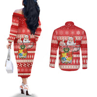 Tonga Christmas Couples Matching Off The Shoulder Long Sleeve Dress and Long Sleeve Button Shirts The Santa Coat of Arms with Ngatu and Snow Pattern LT03 - Polynesian Pride