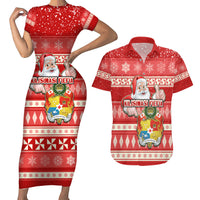 Tonga Christmas Couples Matching Short Sleeve Bodycon Dress and Hawaiian Shirt The Santa Coat of Arms with Ngatu and Snow Pattern LT03 Red - Polynesian Pride