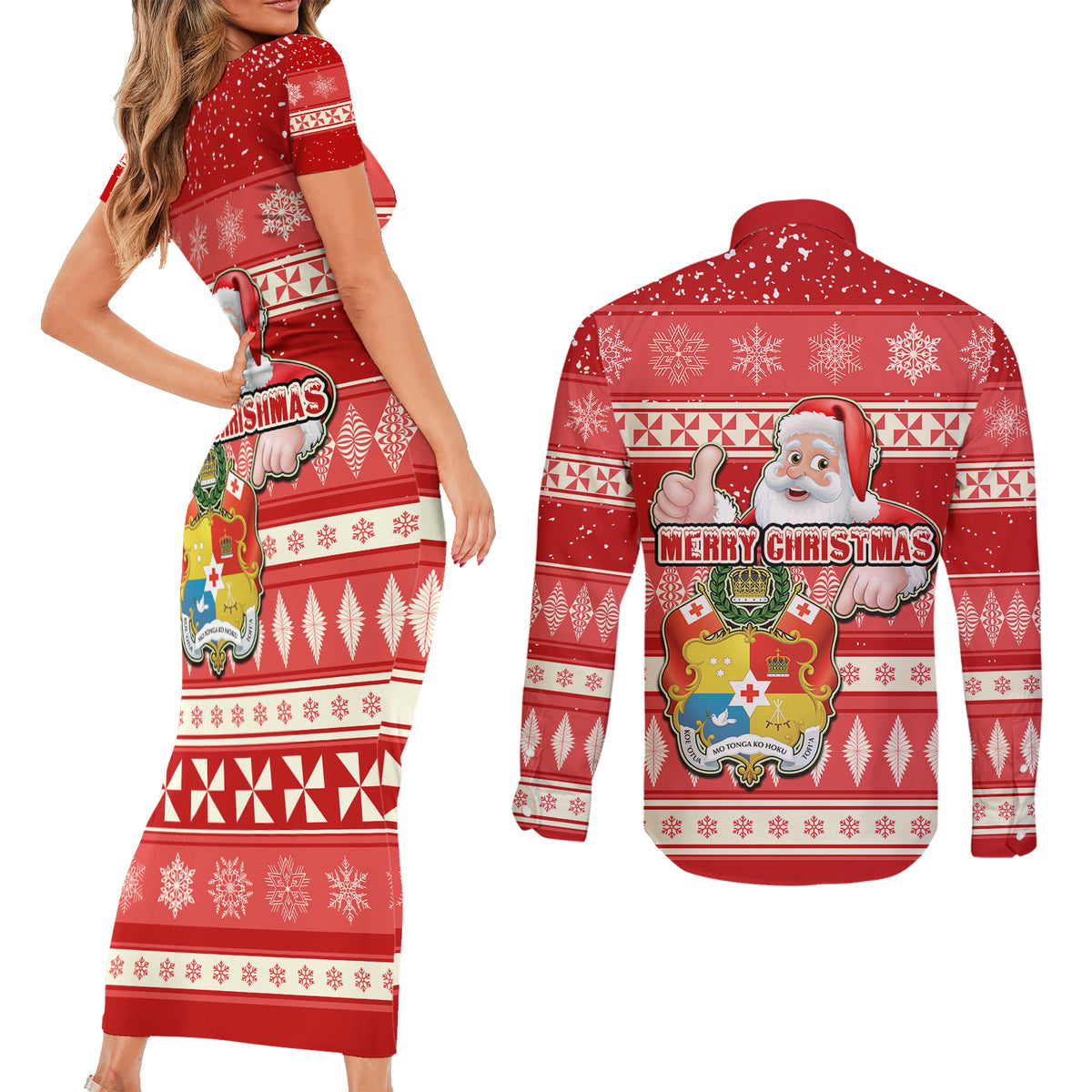 Tonga Christmas Couples Matching Short Sleeve Bodycon Dress and Long Sleeve Button Shirts The Santa Coat of Arms with Ngatu and Snow Pattern LT03 - Polynesian Pride