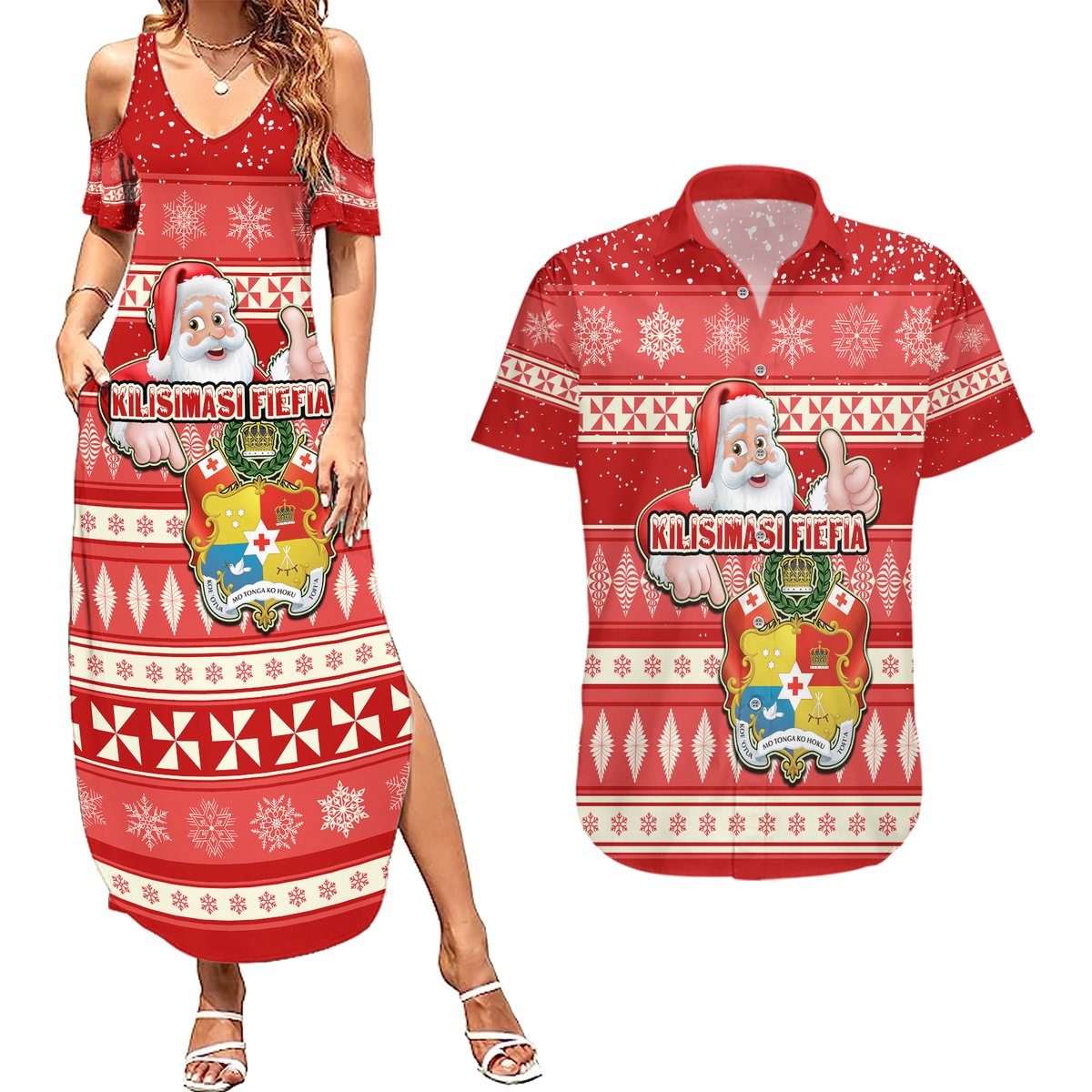 Tonga Christmas Couples Matching Summer Maxi Dress and Hawaiian Shirt The Santa Coat of Arms with Ngatu and Snow Pattern LT03 Red - Polynesian Pride