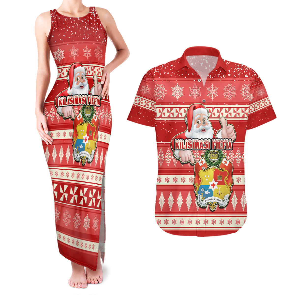Tonga Christmas Couples Matching Tank Maxi Dress and Hawaiian Shirt The Santa Coat of Arms with Ngatu and Snow Pattern LT03 Red - Polynesian Pride