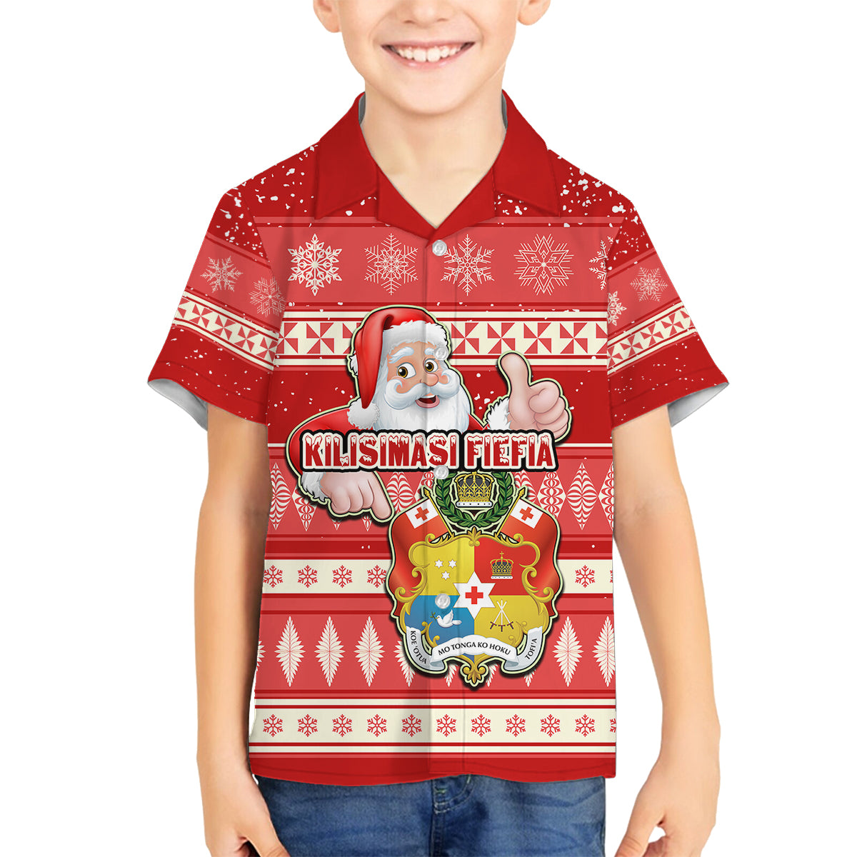 Tonga Christmas Family Matching Off Shoulder Long Sleeve Dress and Hawaiian Shirt The Santa Coat of Arms with Ngatu and Snow Pattern LT03 Son's Shirt Red - Polynesian Pride