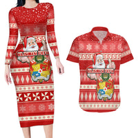 Custom Tonga Christmas Couples Matching Long Sleeve Bodycon Dress and Hawaiian Shirt The Santa Coat of Arms with Ngatu and Snow Pattern LT03 Red - Polynesian Pride