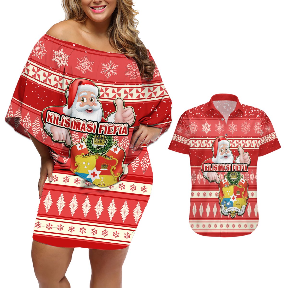 Custom Tonga Christmas Couples Matching Off Shoulder Short Dress and Hawaiian Shirt The Santa Coat of Arms with Ngatu and Snow Pattern LT03 Red - Polynesian Pride