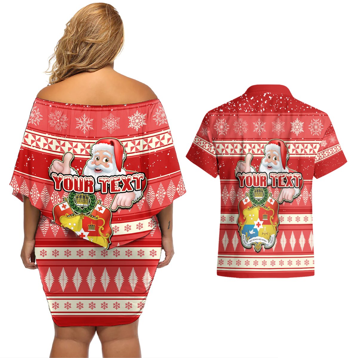 Custom Tonga Christmas Couples Matching Off Shoulder Short Dress and Hawaiian Shirt The Santa Coat of Arms with Ngatu and Snow Pattern LT03 - Polynesian Pride