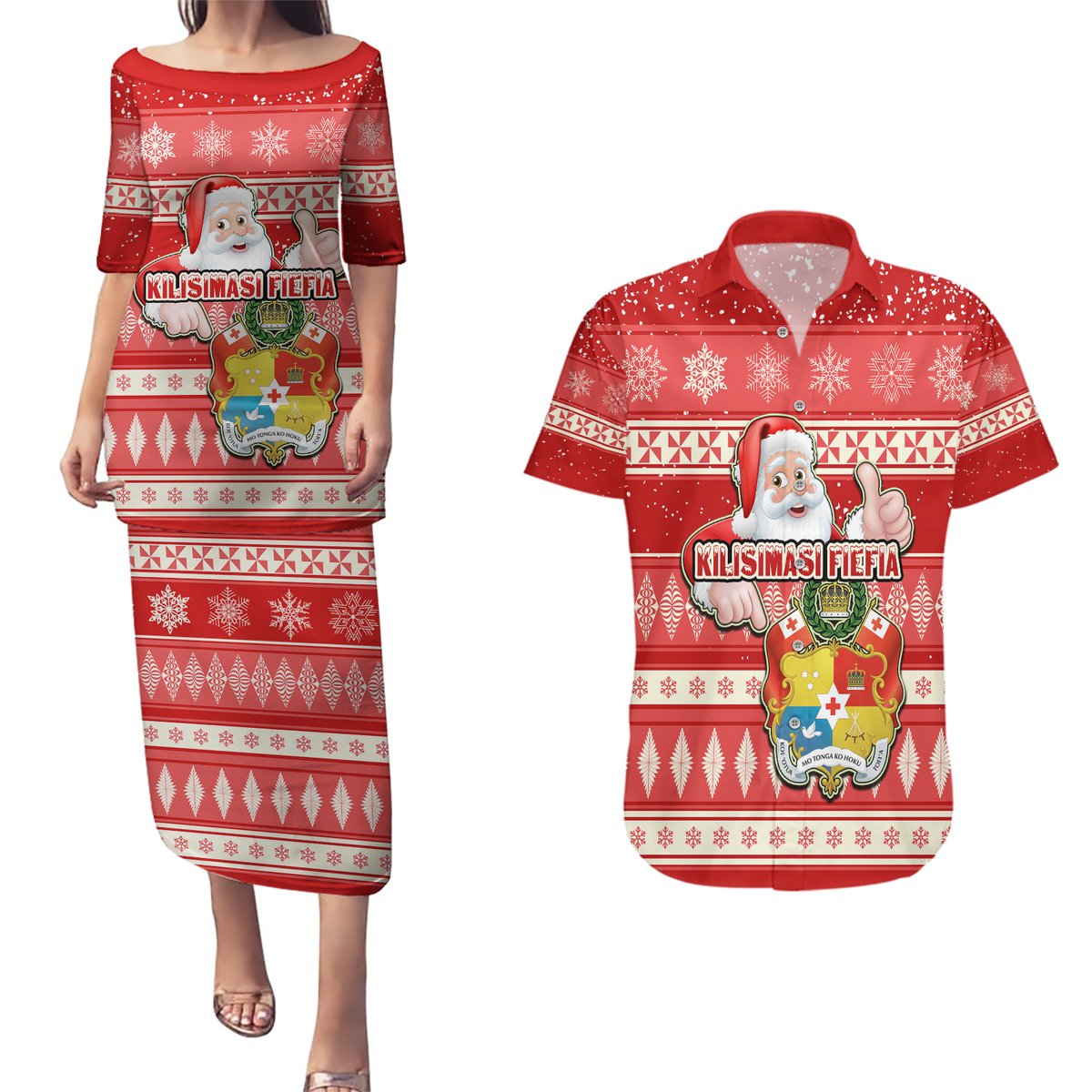 Custom Tonga Christmas Couples Matching Puletasi Dress and Hawaiian Shirt The Santa Coat of Arms with Ngatu and Snow Pattern LT03 Red - Polynesian Pride
